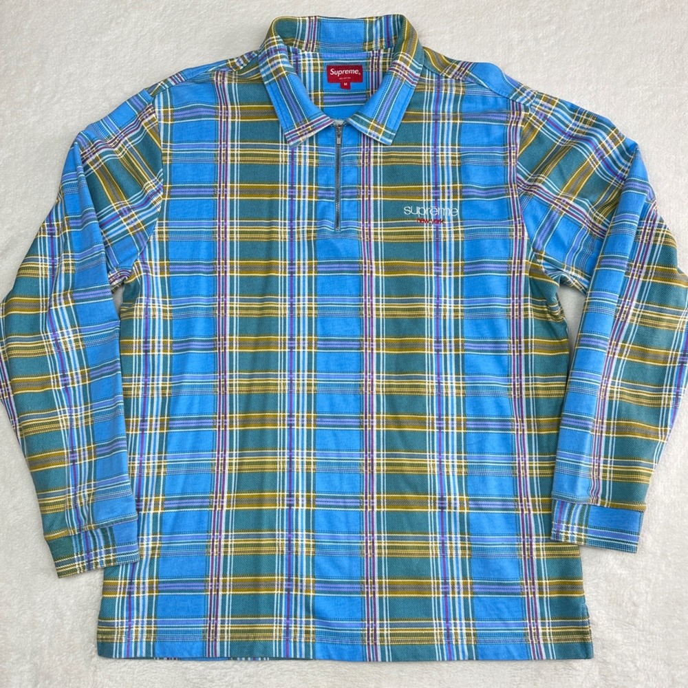 Supreme New York Plaid‎ Long Sleeve Quarter Zip Polo Blue Yellow Mens Medium